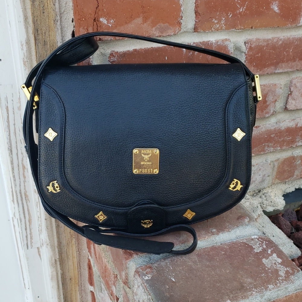 Vintage MCM Black Leather Saddle Crossbody Bag Germany Designer Classic
